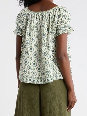 Max Studio Cream and Green Floral Peasant Blouse